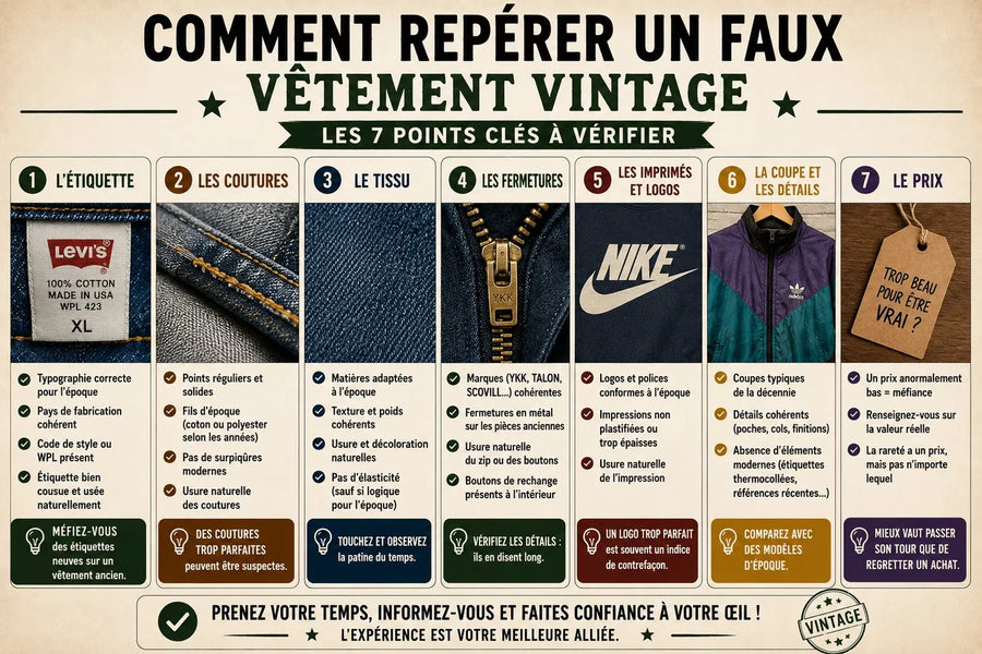 Comment repérer un faux vêtement vintage : les 7 points clés à vérifier (l'étiquette, les coutures, le tissu, les fermetures comme YKK ou Talon, les imprimés et logos, la coupe et les détails, et le prix)
