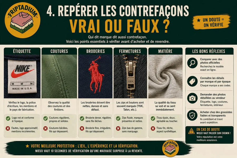 Repérer les contrefaçons de vêtements de marque : vérifier l'étiquette, les coutures, les broderies, les fermetures (YKK, Talon) et la matière ; comparer avec des photos officielles et acheter chez un grossiste fiable
