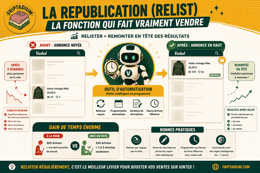 Fonction relist Vinted permettant de remonter une annonce dans les résultats de recherche
