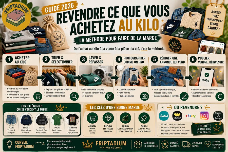 Revendre ce qu'on achète au kilo en 6 étapes : acheter au kilo, trier et sélectionner, laver et repasser, photographier comme un pro, rédiger une annonce qui vend, publier et réinvestir, avec les catégories qui se vendent le mieux et où revendre
