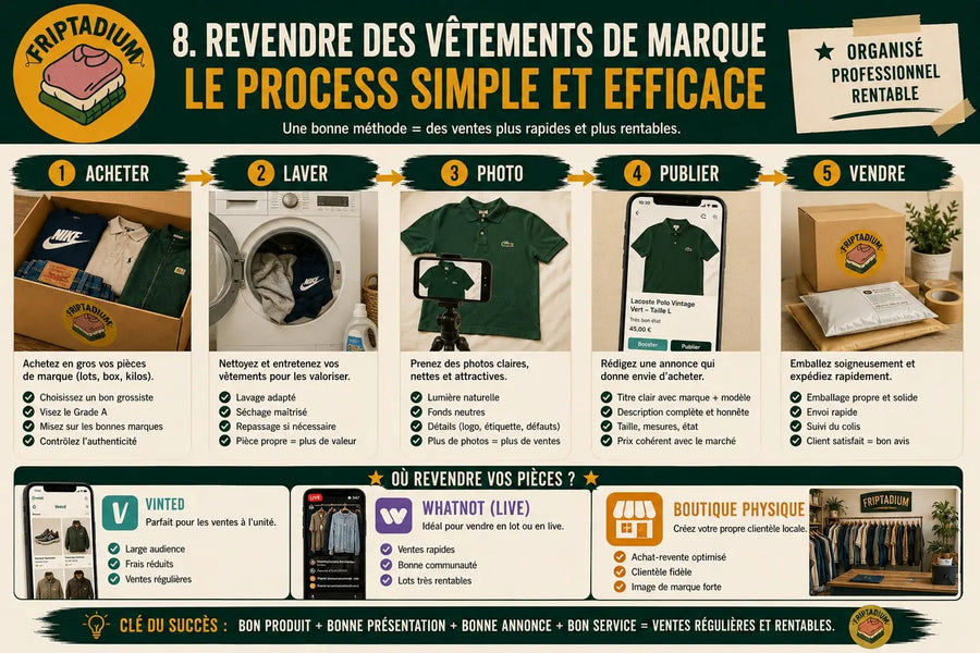 Le process pour revendre des vêtements de marque en 5 étapes : acheter en gros, laver, photographier, publier une annonce claire et expédier rapidement ; revendez sur Vinted, Whatnot en live ou en boutique physique