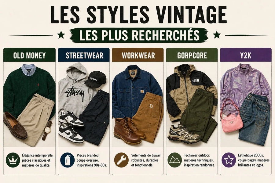 Les styles vintage les plus recherchés : old money, streetwear, workwear, gorpcore et Y2K, avec leurs pièces et marques emblématiques
