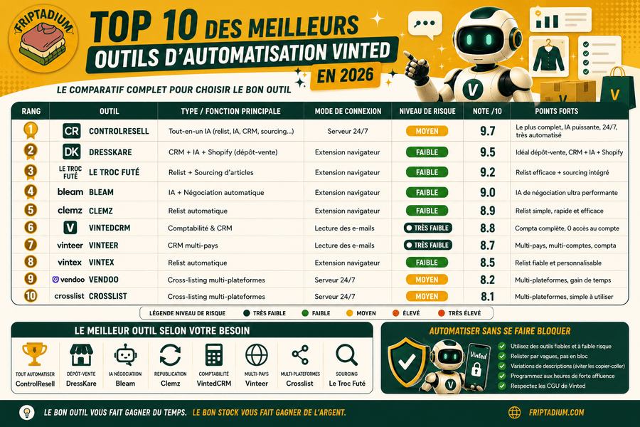 Tableau comparatif des meilleurs logiciels d'automatisation Vinted en 2026