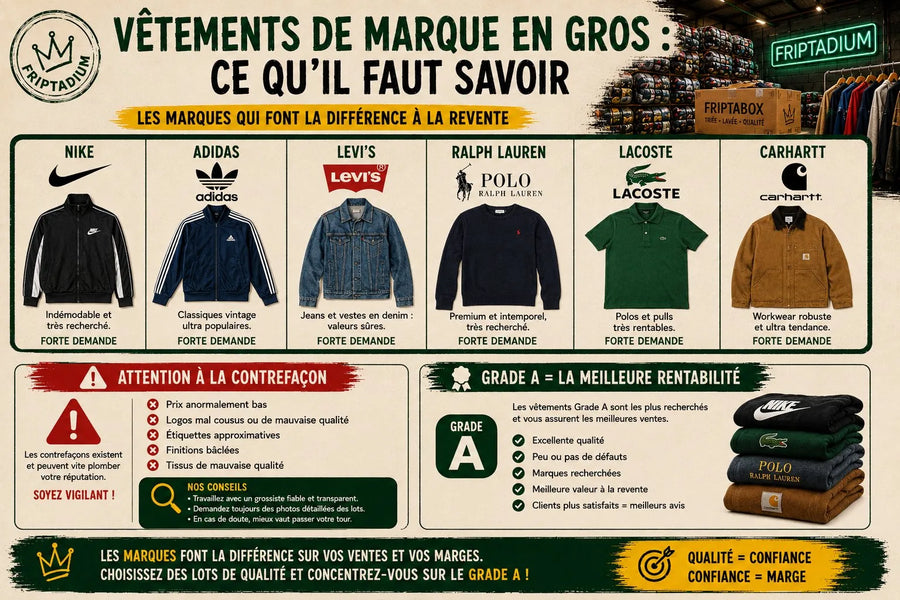 Vêtements de marque en gros pour revendre : Nike, Adidas, Levi's, Ralph Lauren, Lacoste, Carhartt, attention aux contrefaçons et privilégier le Grade A