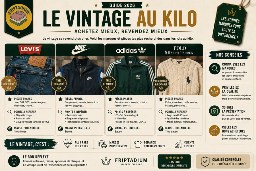 Le vintage au kilo : les marques les plus recherchées dans les lots (Levi's, Nike, Adidas, Polo Ralph Lauren), leurs pièces phares, les points à repérer et la marge potentielle pour revendre