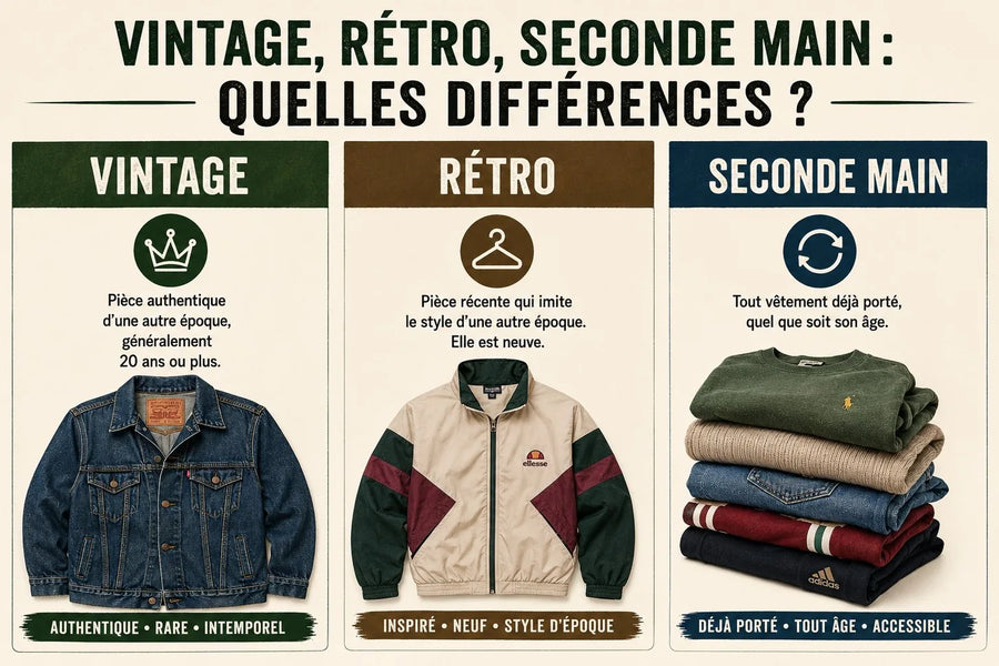 Différences entre vintage, rétro et seconde main : le vintage est une pièce authentique d'époque, le rétro imite le style mais est neuf, la seconde main est tout vêtement déjà porté