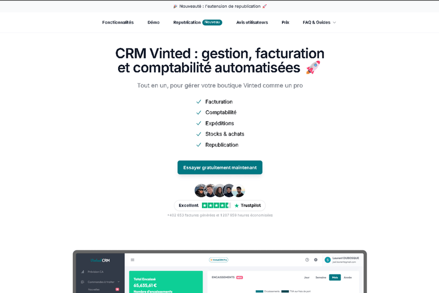 Page d'accueil de VintedCRM, CRM de facturation Vinted