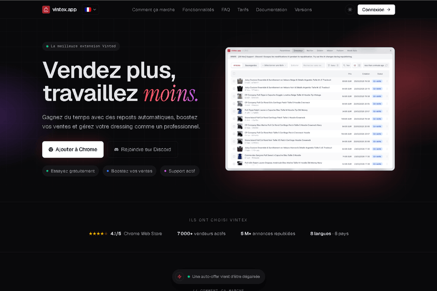 Page d'accueil de Vintex, extension de republication Vinted