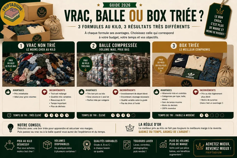 Vrac, balle ou box triée : les 3 formules d'achat de vêtements au kilo comparées (prix au kilo, temps de tri, avantages et inconvénients), la box triée étant le meilleur compromis pour revendre